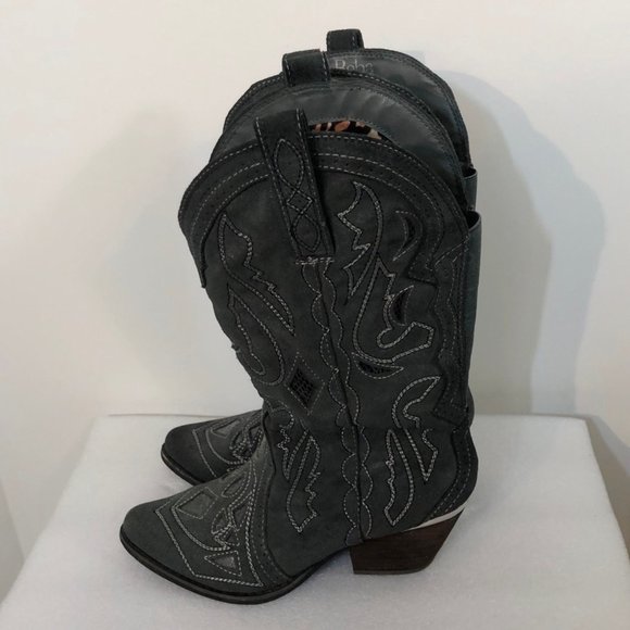 Reba Shoes - Reba Leather Cowboy Boots Gray Suede Animal Print Lining Almond Shape Toe SZ 7